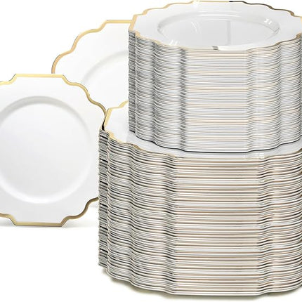 " OCCASIONS " 240 Plates Pack (120 Guests) Heavyweight Wedding Party Disposable Plastic Plates Set -120 x 10.5'' Dinner + 120 x 8'' Salad/Dessert Plate (Imperial White & Gold)