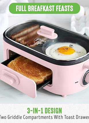 GreenLife 3-in-1 Breakfast Maker Station, Healthy Ceramic Nonstick Dual Griddles for Eggs Meat Sausage Bacon Pancakes and Breakfast Sandwiches, 2 Slice Toast Drawer, Easy-to-use Timer, Pink