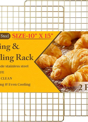 2-Pack Cooling Racks for Cooking and Baking - 10" x 15"Heavy Duty Stainless Steel Wire Rack for Baking, Grilling, Roasting - Oven & Dishwasher Safe - Fits Jelly Roll Sheet Pan（Gold）