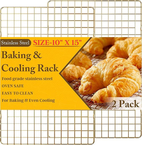 2-Pack Cooling Racks for Cooking and Baking - 10" x 15"Heavy Duty Stainless Steel Wire Rack for Baking, Grilling, Roasting - Oven & Dishwasher Safe - Fits Jelly Roll Sheet Pan（Gold）
