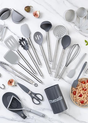 COOK WITH COLOR Silicone Cooking Utensils, Kitchen Utensil Set, Easy to Clean Silicone Kitchen Utensils, Cooking Utensils for Nonstick Cookware, Kitchen Gadgets Set, 38 Piece, Gray