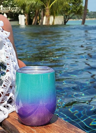 CHILLOUT LIFE 12 oz Stainless Steel Wine Tumblers 2 Pack - Double Wall Vacuum Insulated Wine Glasses Cups with Lids and Straws Set Keeping Cold & Hot for Coffee, Beer, Ice Cream - Mermaid Sparkle