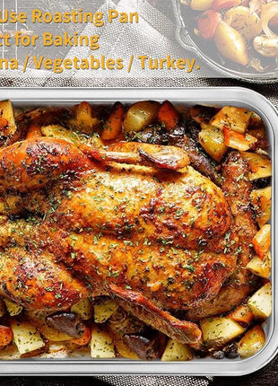 15 Inch Stainless Steel Roasting Pan with V-Shaped Rack and Turkey Baster - Rectangular Roaster for Turkey, Chicken, Vegetables - Fits 20lb Turkey
