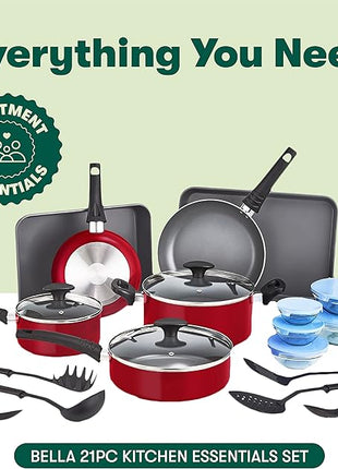 BELLA Cookware Set with Glass Lids - Nonstick, PFOA Free and Scratch Resistant Surface, Aluminum Bakeware, Pots and Pans, Storage Bowls & Utensils, Compatible with All Stovetops, 21 Piece, Red