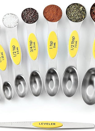 Spring Chef Yellow Stainless Steel Magnetic Measuring Spoons Set of 8 with Leveler, Dual Sided Metal Teaspoon & Tablespoon Measuring Spoons, Kitchen Gadgets for Baking & Cooking, Fits in Spice Jars