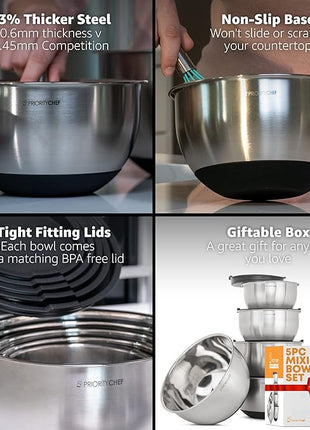 Priority Chef Premium Mixing Bowls With Lids Set, Airtight Lids, Thicker Stainless Steel, Non-Slip Base, 5 Nesting Steel Bowls for Kitchen, Large Prep Metal Bowl Set 1.5/2/3/4/5 Qt, Black