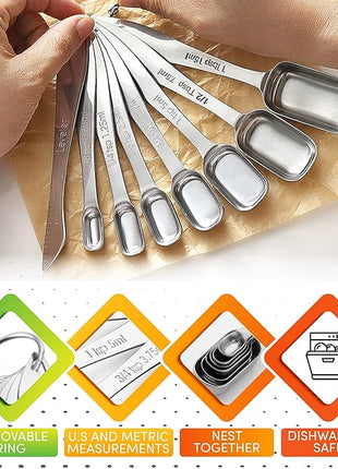 Spring Chef Stainless Steel Measuring Spoons Set of 8 with Leveler, Metal Teaspoon & Tablespoon Measuring Spoons for Dry & Liquid Ingredients, Fits in Spice Jars - Kitchen Gadgets For Baking & Cooking