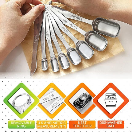 Spring Chef Stainless Steel Measuring Spoons Set of 8 with Leveler, Metal Teaspoon & Tablespoon Measuring Spoons for Dry & Liquid Ingredients, Fits in Spice Jars - Kitchen Gadgets For Baking & Cooking
