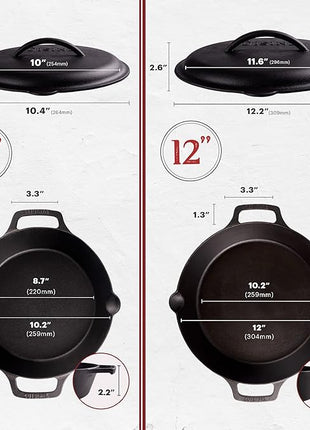 Cuisinel Cast Iron Skillet + Cast Iron Lid Set - 10+12"-Inch Dual Handle Frying Pans + Pan Scraper + Silicone Handle Covers - Preseasoned Indoor/Outdoor, Grill, Stovetop, Induction, Oven Cookware