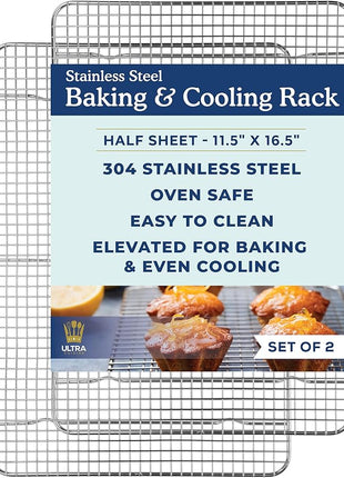Ultra Cuisine Oven-Safe, Dishwasher-Safe 100% Stainless Steel Cooling and Baking Rack Set Heavy Duty Tight-Wire - 11.5 x 16.5-inch - Set of 2 - Half Sheet Pan Cooling Racks