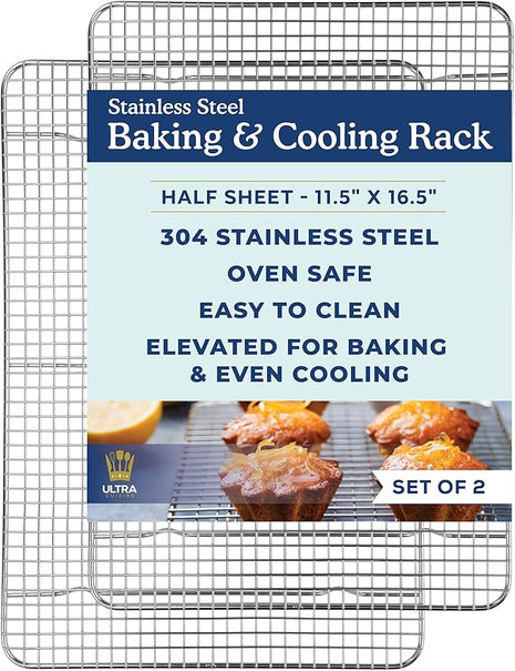 Ultra Cuisine Oven-Safe, Dishwasher-Safe 100% Stainless Steel Cooling and Baking Rack Set Heavy Duty Tight-Wire - 11.5 x 16.5-inch - Set of 2 - Half Sheet Pan Cooling Racks