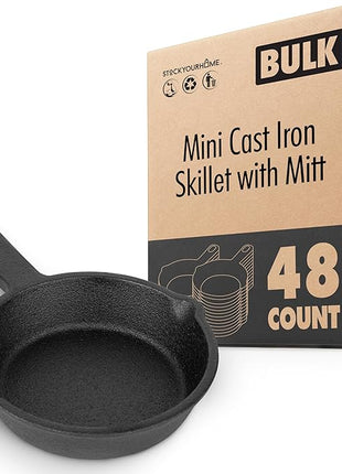Modern Innovations Mini Black Cast Iron Skillet Set with Silicone Mitt (48 Count) - 3.5 Inch Pans, Pre Seasoned Small Skillets for Baked Cookie/Brownie or Cooked Eggs