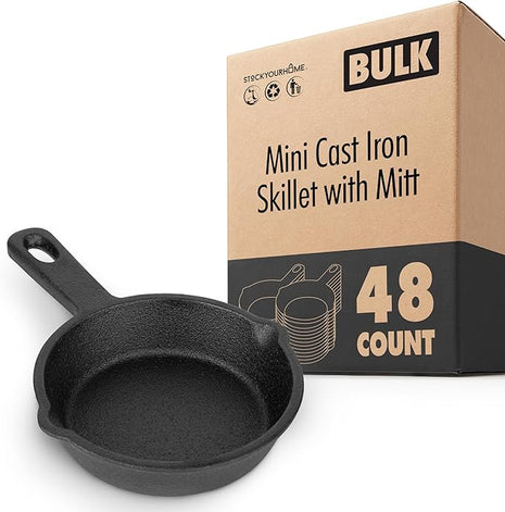 Modern Innovations Mini Black Cast Iron Skillet Set with Silicone Mitt (48 Count) - 3.5 Inch Pans, Pre Seasoned Small Skillets for Baked Cookie/Brownie or Cooked Eggs