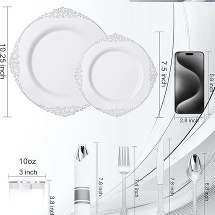 Nervure 350PCS Silver Plastic Plates - Silver Plastic Dinnerware Sets for 50 Guests - 100 Disposable Plates, 150 Silverware, 50 Cups, 50 Napkins for Wedding & Party