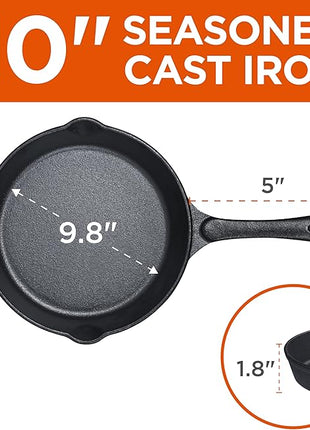 Commercial CHEF 3-Piece Cast Iron Skillet Set – 6 inch, 8 inch, and 10 inch - Pre-seasoned Cast Iron Cookware, Black