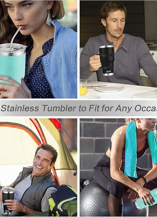 30oz Tumbler, 2 Packs Stainless Steel Double Wall Vacuum Insulated Tumbler Travel Mug With 8Pcs Reusable Straw, 2Pcs Slider Lid, Cleaning Brush, 2Pcs Handles (Black + Teal)