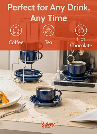 Sweese 8 Ounce Porcelain Stackable Cappuccino Cups with Saucers and Metal Stand - for Specialty Coffee Drinks, Cappuccino, Latte, Americano and Tea - Set of 4, Navy