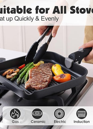 SENSARTE 17 Piece Pots and Pans Set, Nonstick Detachable Handle Cookware Set, Induction Kitchen Cookware Set with Removable Handle, Healthy Non Stick for RV, Dishwasher ＆ Oven Safe, PFOA Free (Black)