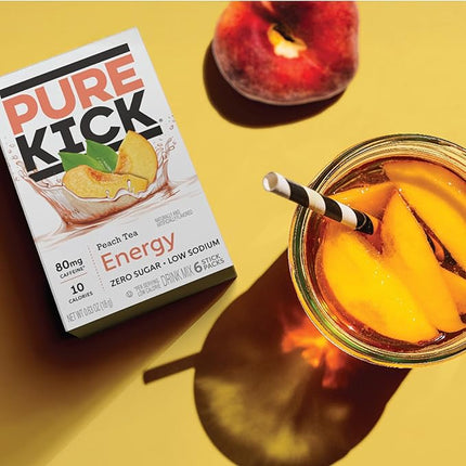 PURE KICK Energy Singles To Go Drink Mix, Peach Tea, Includes 12 Boxes with 6 Packets in each Box, 72 Total Packets