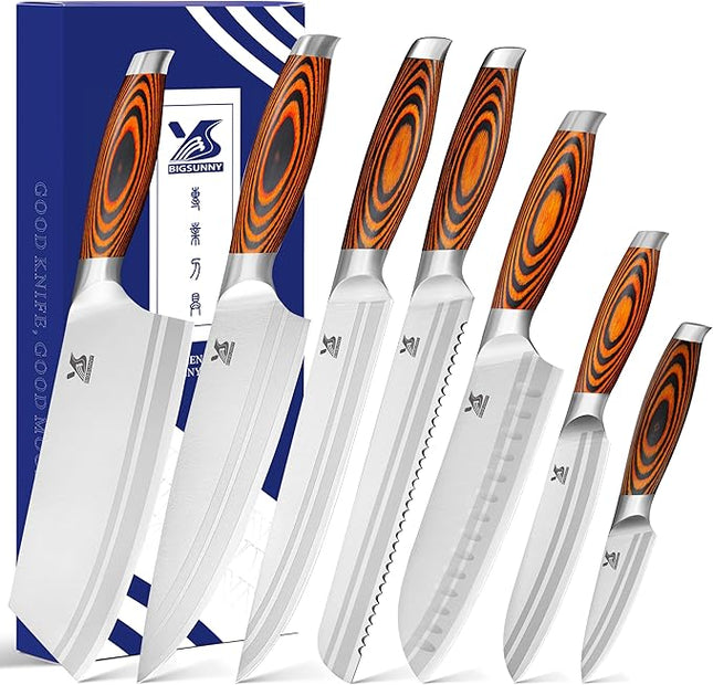 MSY BIGSUNNY 7-PCS Kitchen Knife Set, German Stainless Steel for Chef Knife Set with Pakkawood Handle, Perfect Cutlery Set Gift