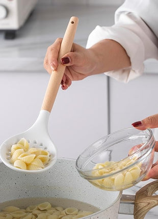 Country Kitchen Non Stick Silicone Utensil Set with Rounded Wood Handles for Cooking and Baking, 14 Piece Set, White