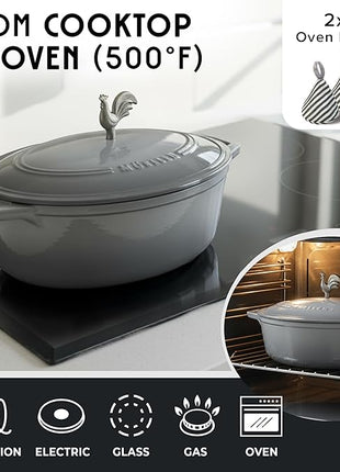 MUELLER HOME 5.5 Quart Enameled Cast Iron Oval Dutch Oven with Rooster Knob & Cotton Potholders, Heavy-Duty Cookware, Oven-Safe up to 500° F & Across All Cooktops, Gifts for Grandma & Women, Gray