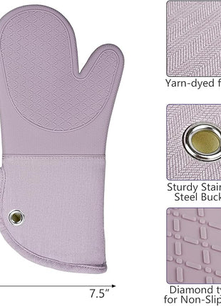 Professional Microwave Silicone Oven Mitts one Pair, Kitchen Mitten Set for Heat Resistant with 500 Degrees, Kitchen Gloves Pot Holder for BBQ Cooking Baking (Purple)