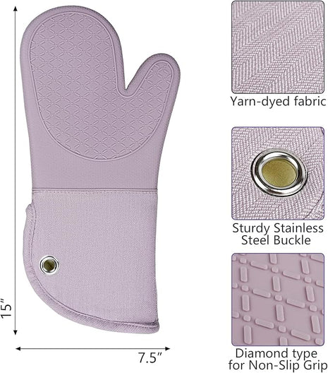 Professional Microwave Silicone Oven Mitts one Pair, Kitchen Mitten Set for Heat Resistant with 500 Degrees, Kitchen Gloves Pot Holder for BBQ Cooking Baking (Purple)
