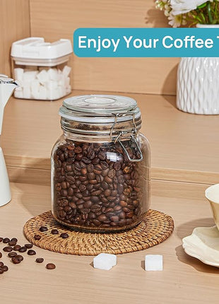 Vtopmart 34oz Glass Food Storage Jars with Airtight Clamp Lids, 3 Pack Kitchen Canisters for Flour, Cereal, Coffee, Pasta and Canning, Square Mason Jar with 8 Chalkboard Labels