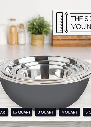 WHYSKO Meal Prep Stainless Steel Mixing Bowls Set, Home, Refrigerator, and Kitchen Food Storage Organizers | Ecofriendly, Reusable, Heavy Duty (Gray)