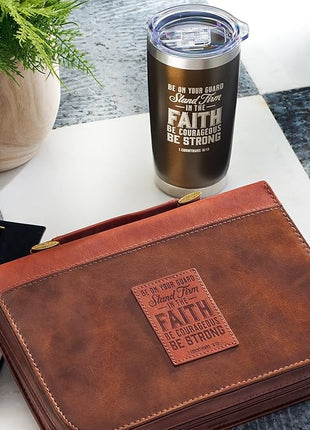 Christian Art Gifts Stainless Steel Double Wall Vacuum Insulated Tumbler 18 oz Brown Travel Mug with Retractable Lid for Women & Men Inspirational Bible Verse - Stand Firm -1 Corinthians 16:13
