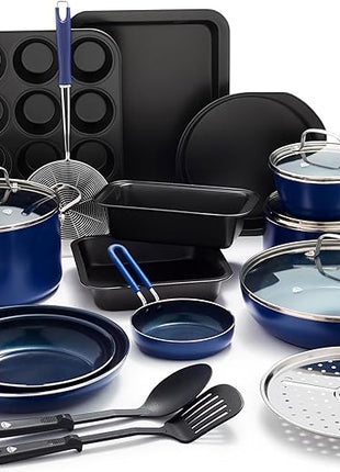 Blue Diamond 20 Piece Nonstick Cookware Set, Diamond Ceramic Pots & Pans, Dishwasher & Metal Utensil Safe, Non Toxic PFAS-Free, Kitchen Cooking Sauce & Saute Pans, Oven & Broiler to 600F, Blue