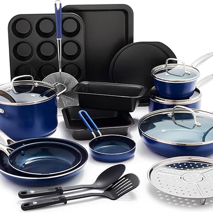 Blue Diamond 20 Piece Nonstick Cookware Set, Diamond Ceramic Pots & Pans, Dishwasher & Metal Utensil Safe, Non Toxic PFAS-Free, Kitchen Cooking Sauce & Saute Pans, Oven & Broiler to 600F, Blue