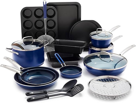 Blue Diamond 20 Piece Nonstick Cookware Set, Diamond Ceramic Pots & Pans, Dishwasher & Metal Utensil Safe, Non Toxic PFAS-Free, Kitchen Cooking Sauce & Saute Pans, Oven & Broiler to 600F, Blue