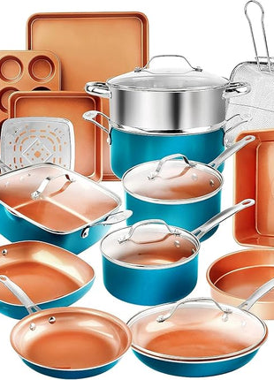 GOTHAM STEEL 20 Piece Copper Pots and Pans Set Nonstick Cookware Set + Complete Ceramic Bakeware Set for Kitchen with Long Lasting Non Stick, Dishwasher/Oven Safe, Non Toxic – Turquoise