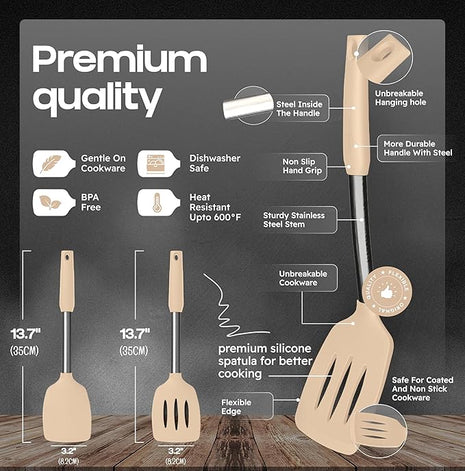 Silicone Spatula Set - Turner Spatulas Silicone Heat Resistant 600°F - Slotted & Solid Silicone Spatulas for Cooking Fish, Eggs, Pancakes Flipper – Silicone Cooking Utensils Set – Beige