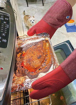 Professional Microwave Silicone Oven Mitts one Pair, Kitchen Mitten Set for Heat Resistant with 500 Degrees, Kitchen Gloves Pot Holder for BBQ Cooking Baking (Red)