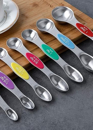 Magnetic Measuring Spoons Set of 7 Stainless Steel Stackable Dual Sided Teaspoon Tablespoon for Measuring Dry and Liquid Ingredients, Fits in Spice Jar