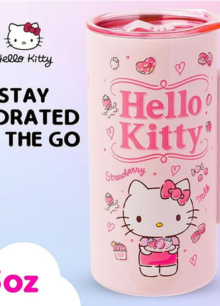 Silver Buffalo Sanrio Hello Kitty Strawberry Milk Double Wall Stainless Steel Travel Mug With Handle, 15 Ounces