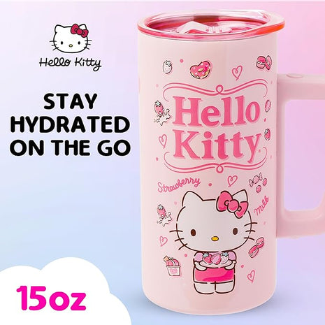 Silver Buffalo Sanrio Hello Kitty Strawberry Milk Double Wall Stainless Steel Travel Mug With Handle, 15 Ounces