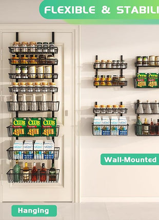 Over The Door Pantry Organizer, Pantry Organization and Storage, 8-Tier Deep Baskets Hanging Heavy-Duty Metal, Wall Spice Rack Seasoning Shelves for Home & Kitchen, Laundry Room Bathroom, Black