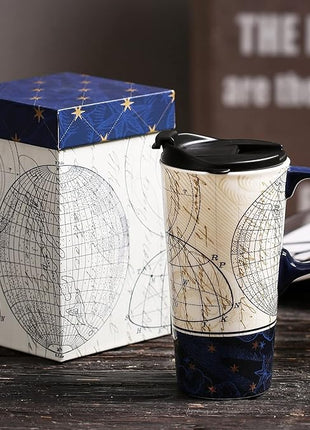 Topadorn Ceramic Travel Mug and Coffee Cup 17 oz. with Handle and Color Box,Starstruck