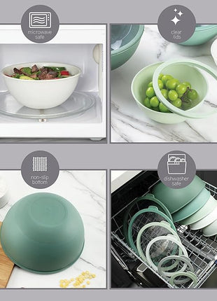 COOK WITH COLOR Mixing Bowls with Non Slip Bottom - 12 Piece Plastic Nesting Bowls Set includes 6 Prep Bowls and 6 Tritan Lids - Microwave Safe (Sage)