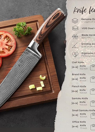 Wakoli EDIB 6-Piece Damascus Knife Set – Professional Chef Knives Set with VG10 Core Blades, 67-Layer Damascus Steel and Ergonomic Pakkawood Handles – Premium Kitchen Knives in Wooden Gift Box