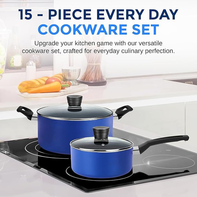 SereneLife 15-Pc Blue Nonstick Cookware Set, Heat-Resistant Pots & Pans Set with Lids, Dishwasher Safe, Includes Matching Utensils