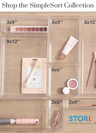 STORi SimpleSort 2-Piece Stackable Clear Drawer Organizer Set | 12" x 9" x 2" Rectangle Trays | Wide Makeup Vanity Storage Bins and Office Desk Drawer Dividers | Made in USA