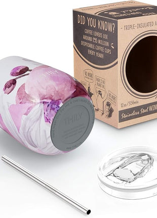 THILY Stainless Steel Insulated Wine Tumbler Stemless Wine Glass with Lid and Straw, Splash-proof, Cute Travel Cup for Coffee, Cocktails, Gifts for Women, Her, Wife, Lotus Flower