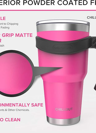 Stainless Steel Travel Mug with Handle 30 oz - 6 Piece Set. Tumbler with Handle, Straw, Cleaning Brush & 2 Lids. Double Wall Insulated Large Coffee Mug Bundle - Hot Pink Powder Coat Tumbler
