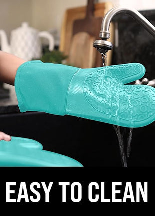 BPA-Free Soft Silicone Oven Mitts - Ultra Heat Resistant Oven Mitts with Thick Cotton Liner - Long Slip Resistant Pot Holders, Flexible Oven Gloves - Turquoise 13.7"