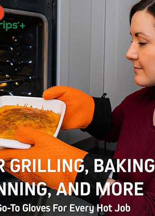 Ekogrips Plus Oven Gloves with Fingers, Comfy Waterproof Silicone Oven Mitts Heat Resistant with Long Cuff, Insulated BBQ Gloves Perfect for Grilling, Baking, Smoker, Canning, and Pizza, Black, OSFM